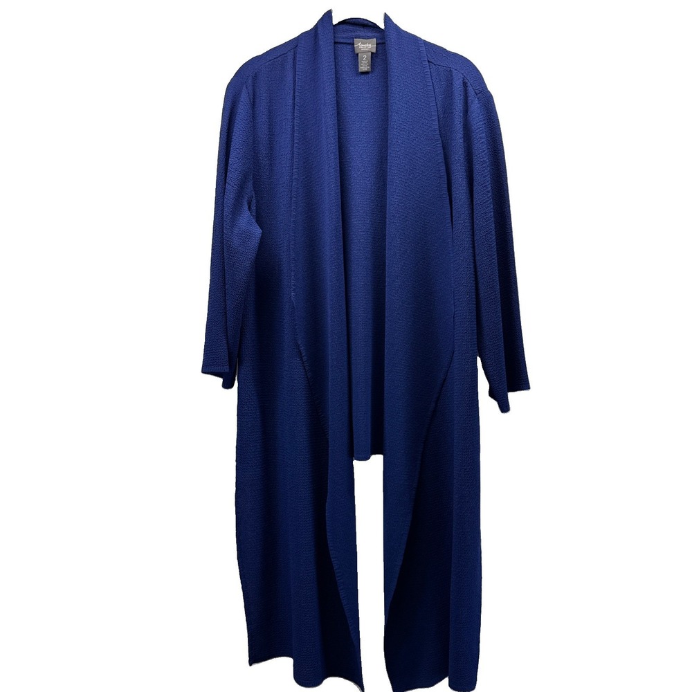 Chicos Travelers Cardigan Jacket Size Large Solid Blue Textured Asymmetrical Hem